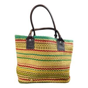 GAP Woven Leather Straw Striped Beach Tote Bag Jute Striped Boho Double Handle